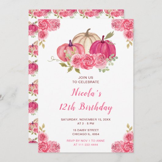 Hot Roze Bloemen Pompoenen Verjaardag Kaart (Voorkant / Achterkant)