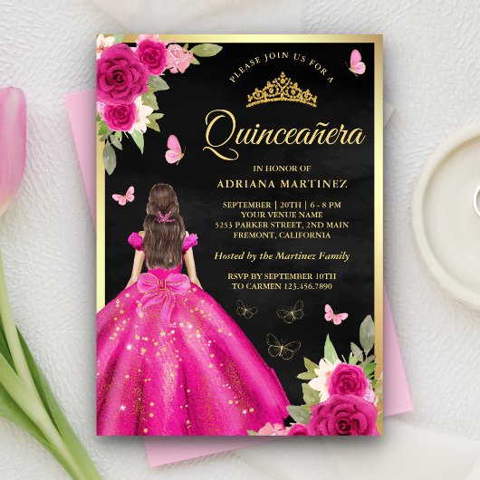 Hot Roze Bloemen Vlinder Zwart Goud Quinceanera Kaart