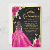 Hot Roze Bloemen Vlinder Zwart Goud Quinceanera Kaart (Voorkant)