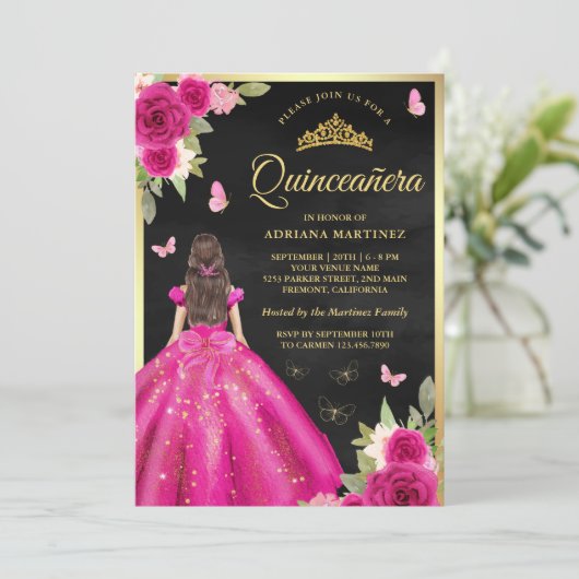 Hot Roze Bloemen Vlinder Zwart Goud Quinceanera Kaart (Staand voorkant)