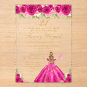 Hot Roze Blonde Haar Prinses Verjaardagsfeest Acryl Uitnodigingen (Voorkant)