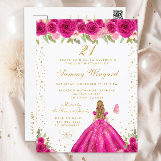 Hot Roze Blonde Haar Prinses Verjaardagsfeest Briefkaart