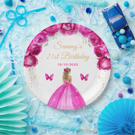 Hot Roze Blonde Haar Prinses Verjaardagsfeest Papieren Bordje (Feest)