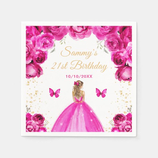 Hot Roze Blonde Haar Prinses Verjaardagsfeest Servet (Voorkant)