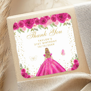 Hot Roze Blonde Haar Prinses Verjaardagsfeest Vierkante Sticker