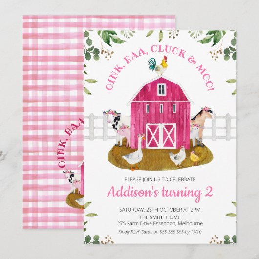 Hot-roze Boerderij Scene Foliage Birthday Uitnodig Kaart (Voorkant / Achterkant)