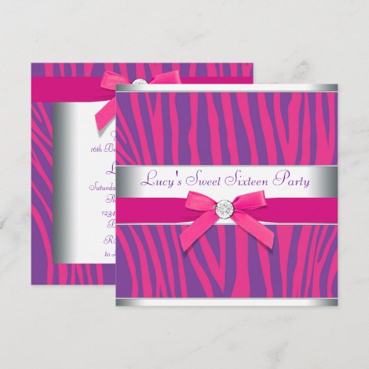 Hot Roze Bow Paarse Zebra Sweet 16 Party Kaart (Voorkant / Achterkant)
