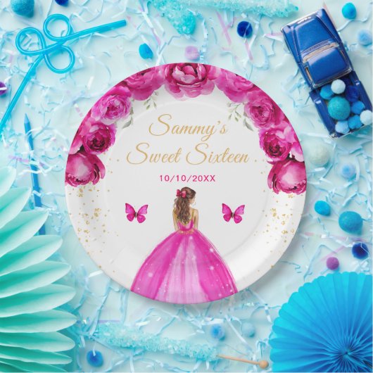 Hot Roze Bruin Haar Prinses Sweet Sixteen Papieren Bordje (Feest)