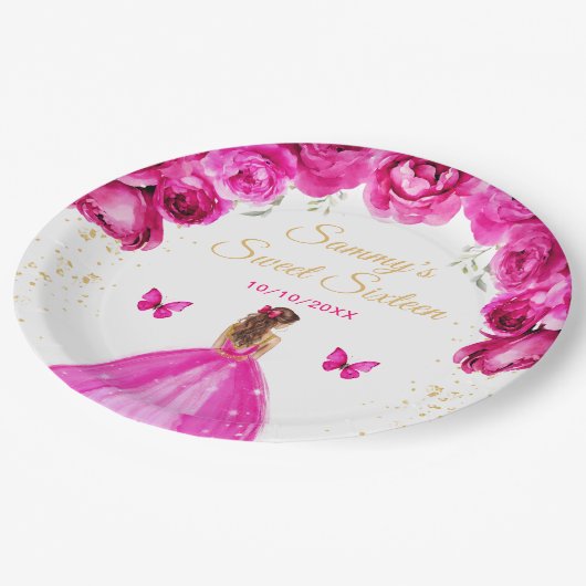 Hot Roze Bruin Haar Prinses Sweet Sixteen Papieren Bordje (Gekanteld)