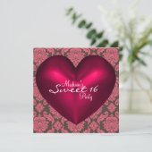 Hot Roze Bruin Rood Hart Damask Sweet 16 Party Kaart (Staand voorkant)
