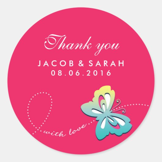 Hot-roze Butterfly Swirl Wedding Dank u Sticker (Voorkant)
