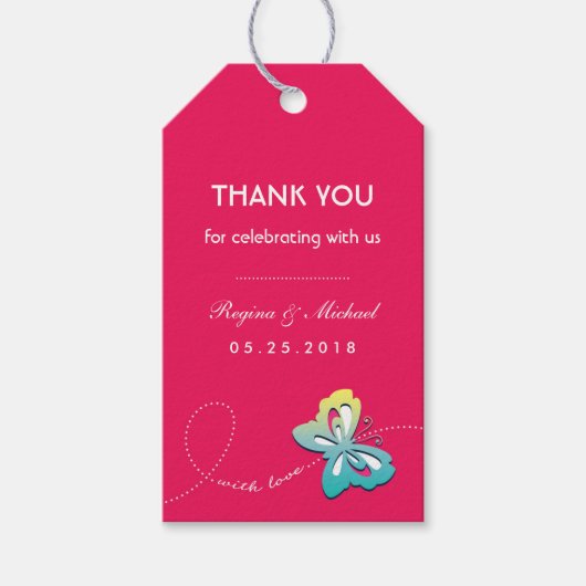 Hot-roze Butterfly Weddenschap Favor Gift Label Cadeaulabel (Voorkant)