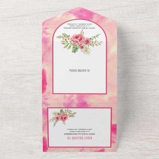 Hot-roze cactus bloemen, bladeren bloemtrouwerij all in one uitnodiging (Buitenkant)