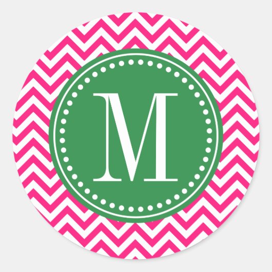 Hot roze Chevron zigzag gepersonaliseerd monogram Ronde Sticker (Voorkant)