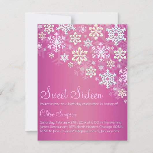 Hot Roze Chic Snowflake Sweet16 Uitnodiging (Voorkant)