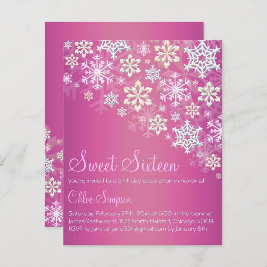 Hot Roze Chic Snowflake Sweet16 Uitnodiging (Voorkant / Achterkant)