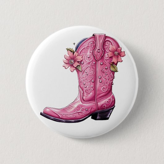 Hot roze cowgirl laars howdy ronde button 5,7 cm (Voorkant)