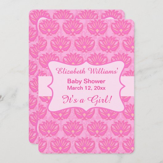 Hot-roze Damask Baby Girl Shower Aangepaste uitnod Kaart (Voorkant / Achterkant)