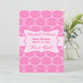 Hot-roze Damask Baby Girl Shower Aangepaste uitnod Kaart (Staand voorkant)