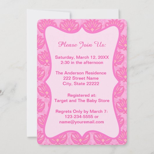 Hot-roze Damask Baby Girl Shower Aangepaste uitnod Kaart (Achterkant)