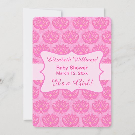 Hot-roze Damask Baby Girl Shower Aangepaste uitnod Kaart (Voorkant)