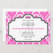 Hot-roze Damask Black White Wedding Invitations Kaart (Voorkant / Achterkant)