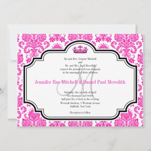 Hot-roze Damask Black White Wedding Invitations Kaart (Voorkant)