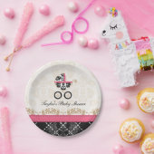 Hot-Roze Damask Carriage Baby shower Papieren Bordje (Feest)