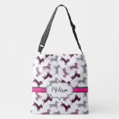 Hot-roze Damask Dachshunds Aangepaste naam Crossbody Tas (Achterkant)