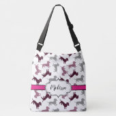 Hot-roze Damask Dachshunds Aangepaste naam Crossbody Tas (Voorkant)
