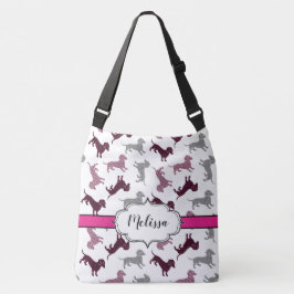 Hot-roze Damask Dachshunds Aangepaste naam Crossbody Tas