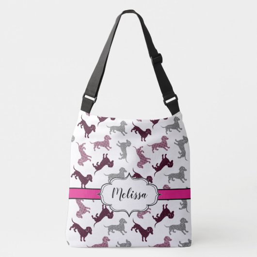 Hot-roze Damask Dachshunds Aangepaste naam Crossbody Tas (Voorkant)