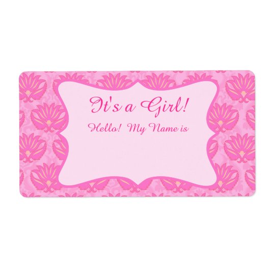 Hot-roze Damask Girl Baby shower Aangepaste naam L Etiket (Voorkant)