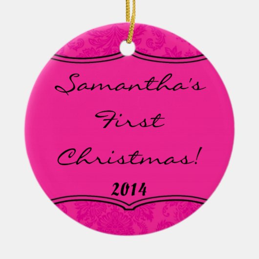 Hot-roze Damask Lace Gepersonaliseerde naam Orname Keramisch Ornament (Voorkant)