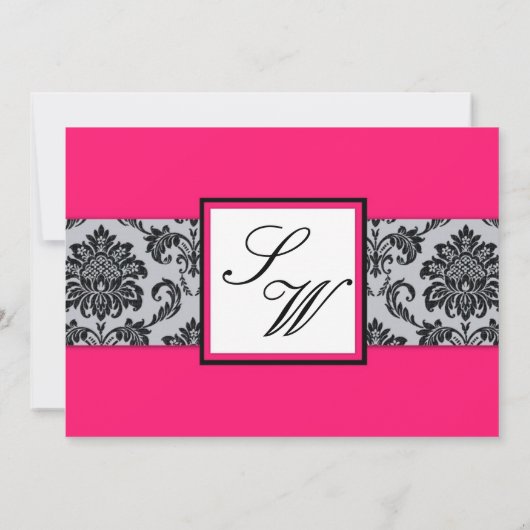 Hot-roze Damask Monogram Uitnodiging (Achterkant)