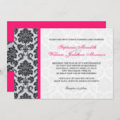 Hot-roze Damask Monogram Uitnodiging (Voorkant / Achterkant)