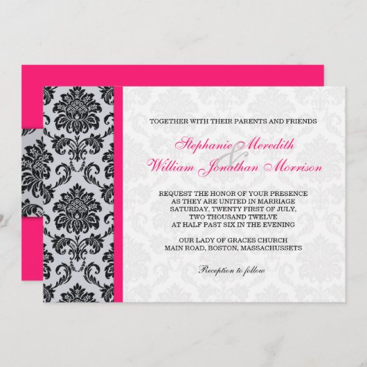 Hot-roze Damask Monogram Uitnodiging (Voorkant / Achterkant)