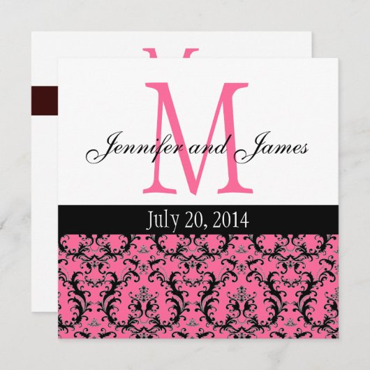 Hot-roze Damask Monogram Weddenschap 4 Kaart (Voorkant / Achterkant)