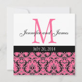Hot-roze Damask Monogram Weddenschap 4 Kaart (Voorkant)