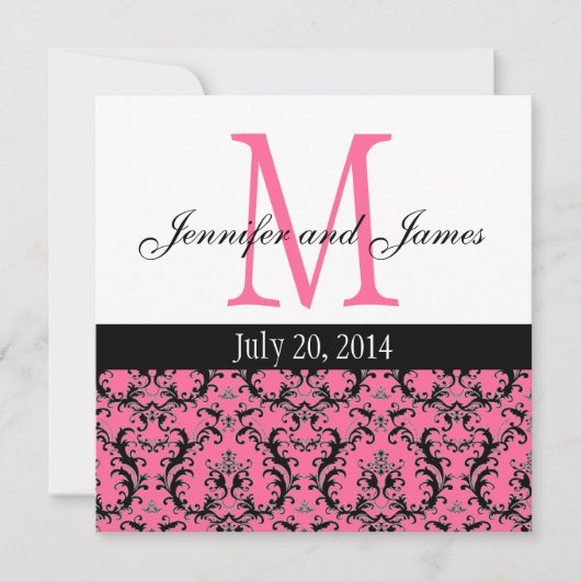 Hot-roze Damask Monogram Weddenschap 4 Kaart (Voorkant)