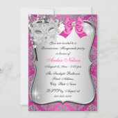 Hot-roze Damask Quinceanera Masquerade Invite Kaart (Voorkant)