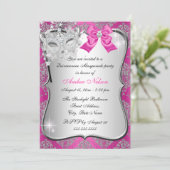 Hot-roze Damask Quinceanera Masquerade Invite Kaart (Staand voorkant)