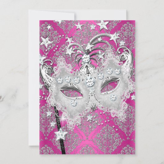 Hot-roze Damask Quinceanera Masquerade Invite Kaart (Achterkant)