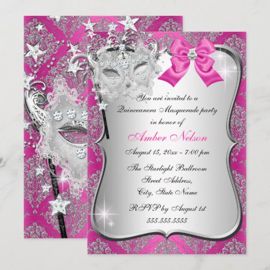 Hot-roze Damask Quinceanera Masquerade Invite Kaart (Voorkant / Achterkant)