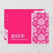 Hot-roze Damask RSVP Briefkaart (Voorkant / Achterkant)