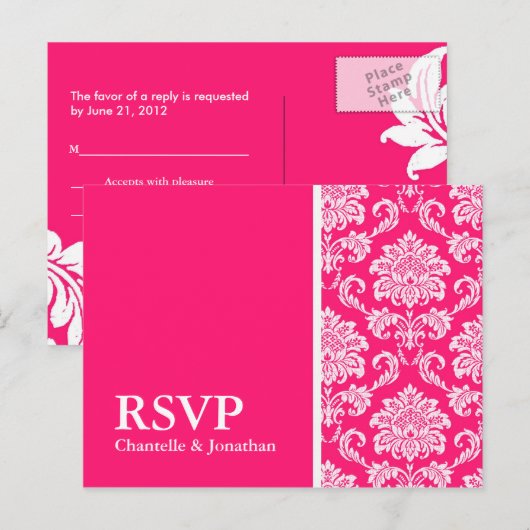 Hot-roze Damask RSVP Briefkaart (Voorkant / Achterkant)