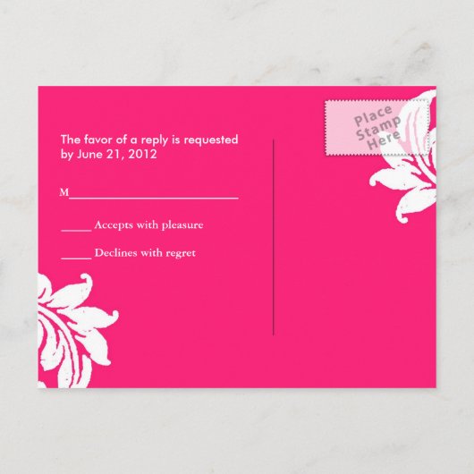 Hot-roze Damask RSVP Briefkaart (Achterkant)