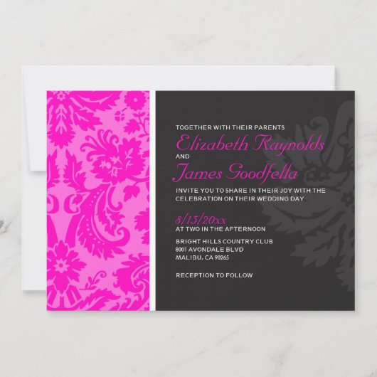 Hot-roze Damask Wedding-uitnodigingen Kaart (Voorkant)