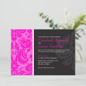 Hot-roze Damask Wedding-uitnodigingen Kaart (Staand voorkant)