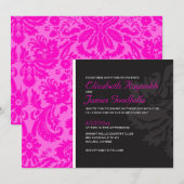 Hot-roze Damask Wedding-uitnodigingen Kaart (Voorkant / Achterkant)